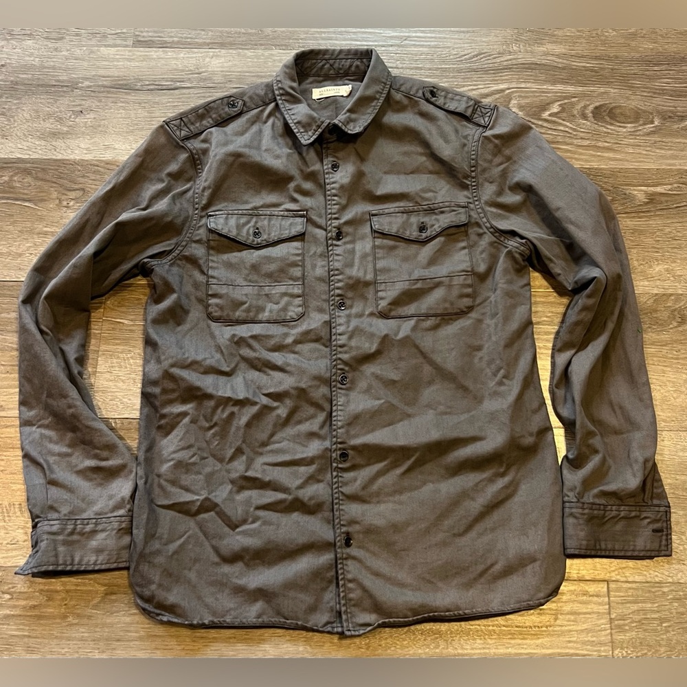 ALLSAINTS Dark Gray Button-Up Utility Shirt, size Large.